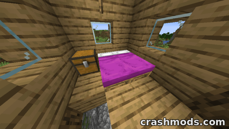Cozy wooden interior featuring a pink bed and a chest, showcasing the "Better Beds" mod for Minecraft.