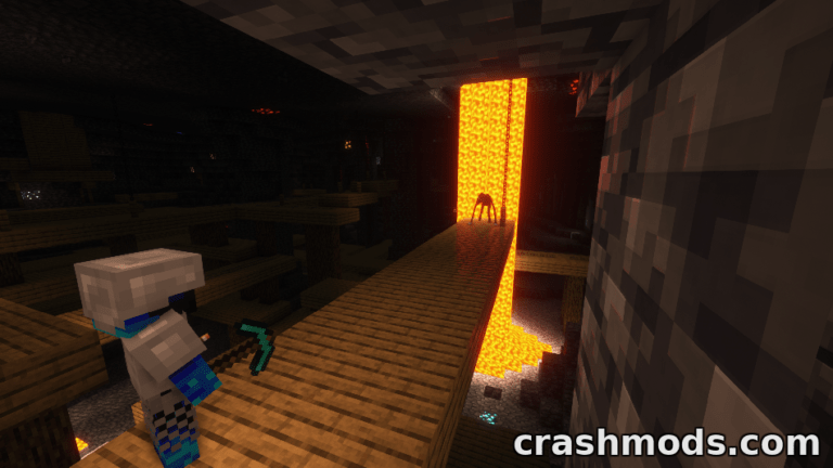 A player in Minecraft wields a pickaxe on a wooden bridge, facing a menacing creature near a lava flow.