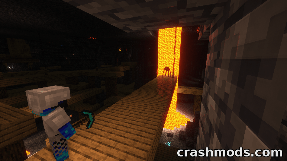 A player in Minecraft wields a pickaxe on a wooden bridge, facing a menacing creature near a lava flow.