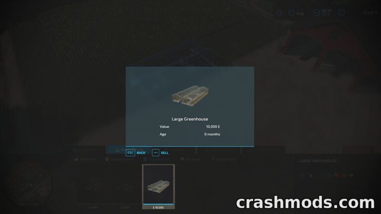 Large greenhouse sell interface in Farming Simulator 22, showing value and age details for modded pricing.