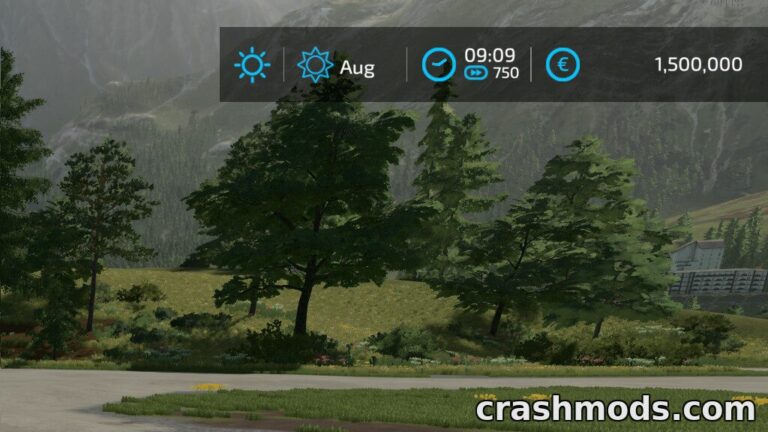 Farming Simulator 22 mod "Better Time Scale" showcases an enhanced time display with a scenic landscape.