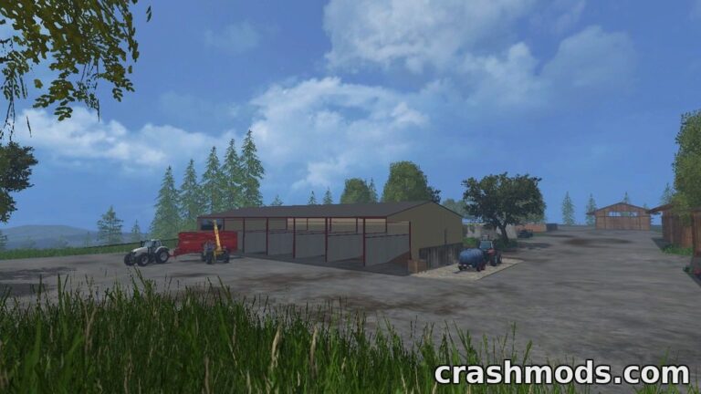 A detailed farm scene featuring a livestock barn and tractors, showcasing the reworked Bjornholm map in Farming Simulator 15.