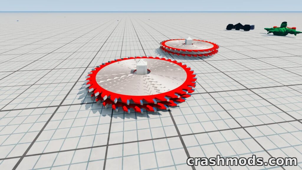Two spinning blade props with red edges are positioned on a grid surface, ready for crash tests in BeamNG.drive.