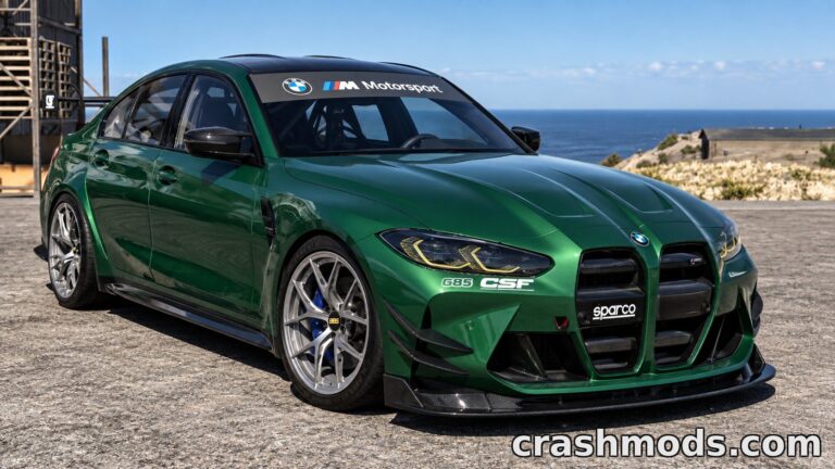 The BMW M3 G80 in a striking green finish showcases its sleek design and sporty modifications in BeamNG.drive.