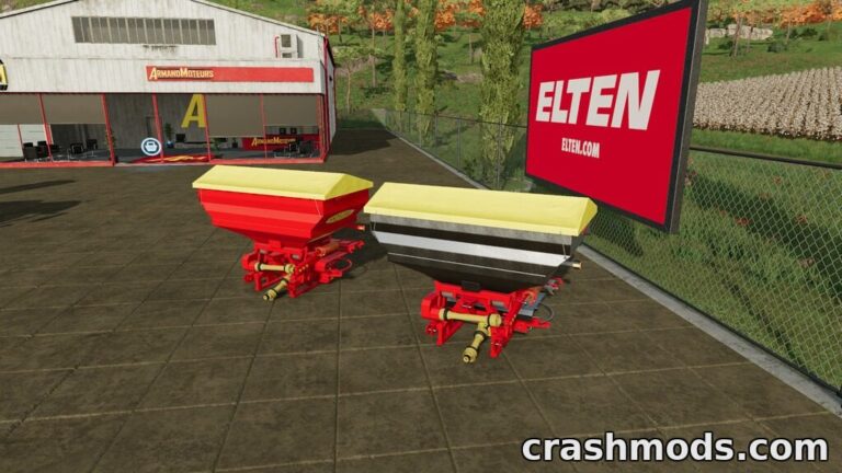 Two fertilizer and lime spreaders, one red and yellow, the other red and black, showcased in a Farming Simulator 22 setting.
