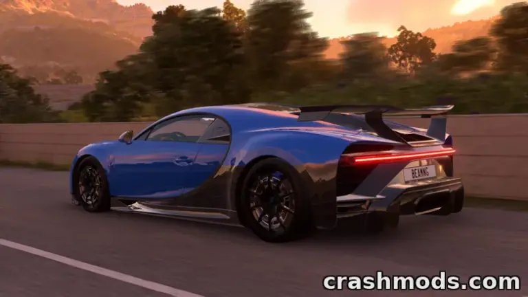 The Bugatti Chiron 2018-2023 mod showcases a sleek blue sports car racing along a scenic road in BeamNG.drive.
