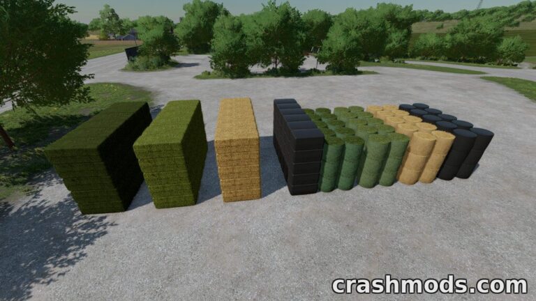 Large stacks of bales in various colors and sizes, showcasing the mod's bulk purchase options for Farming Simulator 22.
