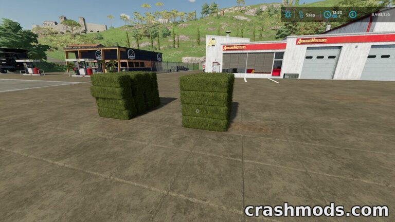 Two stacks of small square bales made of straw, hay, and grass, ready for purchase in Farming Simulator 22.