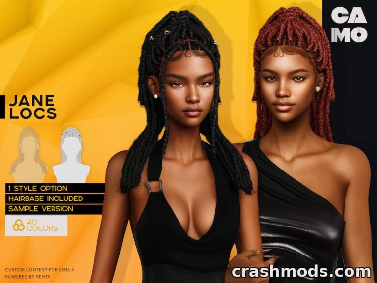 Two Sims showcase the "Jane Locs" hairstyle mod, featuring 40 color options and a stylish hairbase.