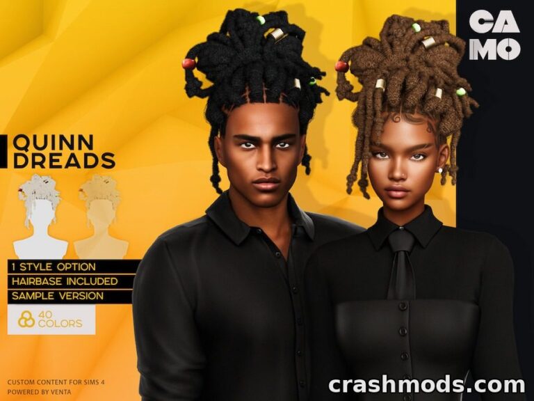 Two Sims showcase the "Quinn Dreads" hairbase mod, featuring one style option and 40 color variations.
