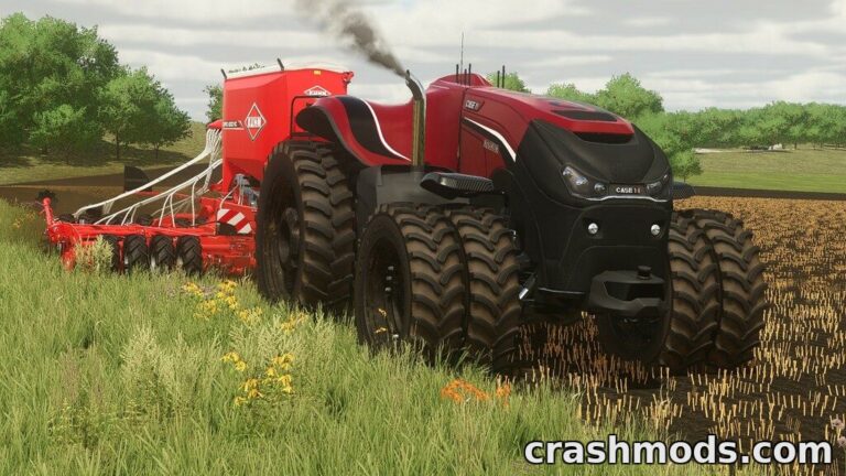 A Case IH Autonomous Magnum tractor plows a field, showcasing its driverless technology in Farming Simulator 22.