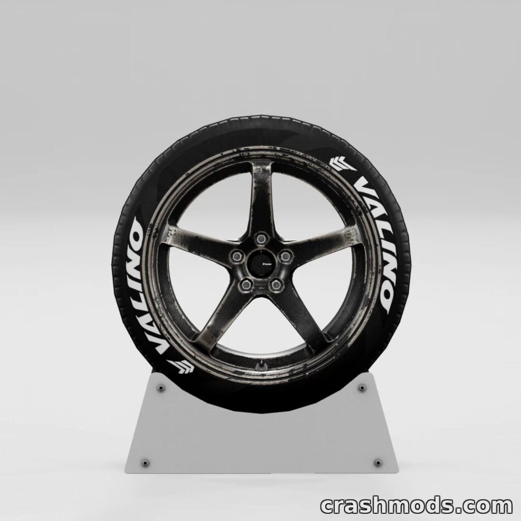 Detailed JDM wheel design featuring a scratched finish, showcased on a display stand for BeamNG.drive mod.