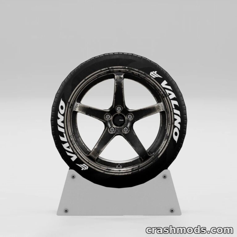 Detailed JDM wheel design featuring a scratched finish, showcased on a display stand for BeamNG.drive mod.