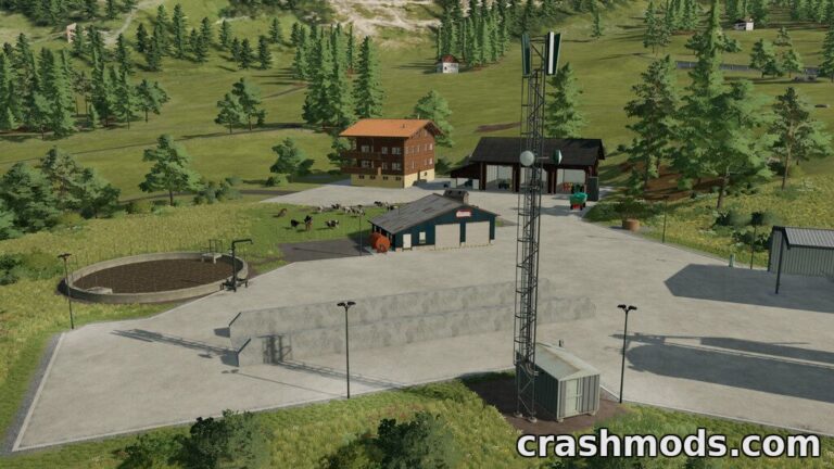 A detailed farming setup featuring a cellular antenna, farm buildings, and livestock in a lush landscape.