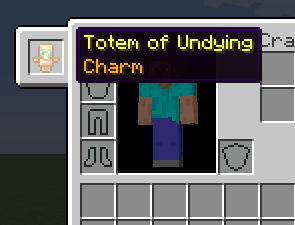 The player’s inventory shows the "Totem of Undying Charm" equipped in a dedicated accessory slot in Minecraft.