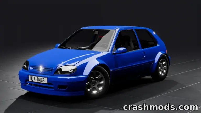 A vibrant blue Citroen Saxo Phase 2 showcases sleek design and sporty features in BeamNG.drive.