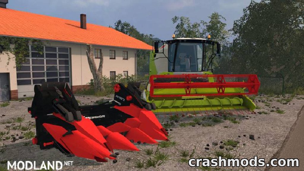 Claas Tucano 340 combine harvester parked beside Geringhoff headers in a Farming Simulator 15 environment.