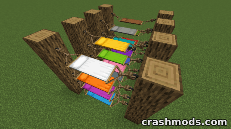 Colorful sleeping bags and hammocks are displayed between wooden posts in Minecraft, showcasing the "Comforts" mod.