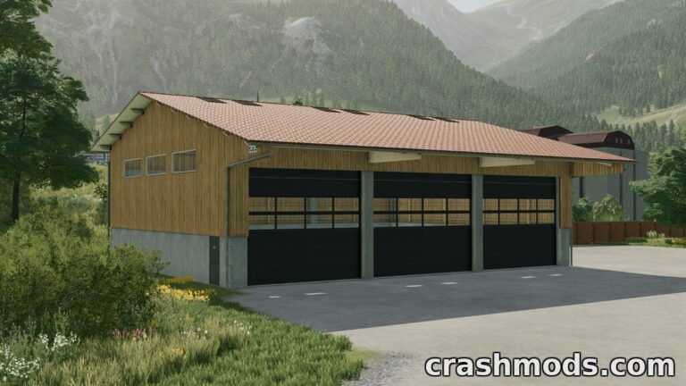 Detailed wooden machine hall with large garage doors, designed for Farming Simulator 22 modding.