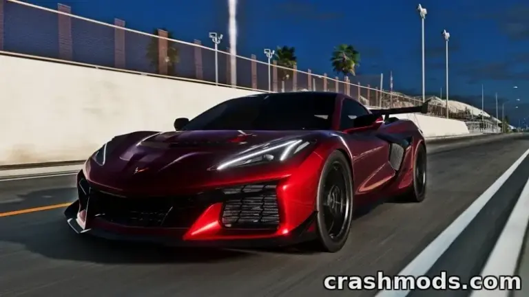 The sleek red Corvette C8 races down a sunlit track, showcasing its aerodynamic design and powerful stance.