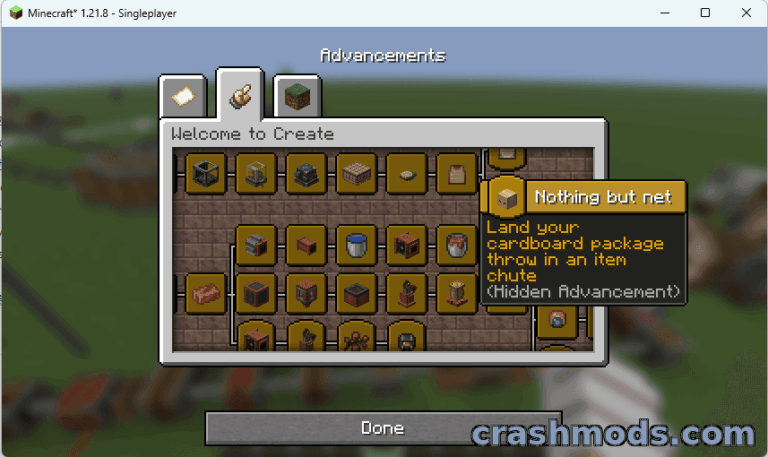 Screenshot showcasing the "Create Fly" mod in Minecraft, highlighting advancements and item interactions.