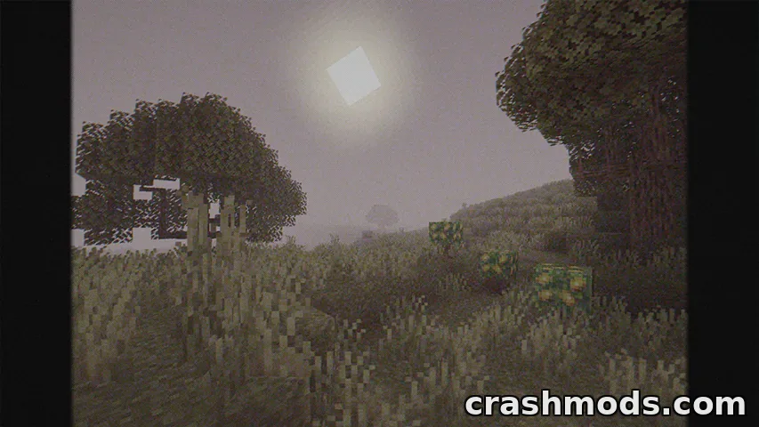Eerie landscape in Minecraft featuring fog, distorted visuals, and a haunting sun, enhancing the horror atmosphere.