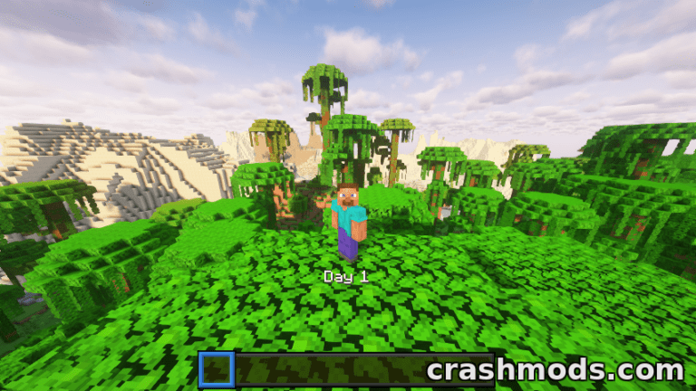 A player stands on lush green terrain in Minecraft, showcasing the "Day Counter" mod above their hotbar.