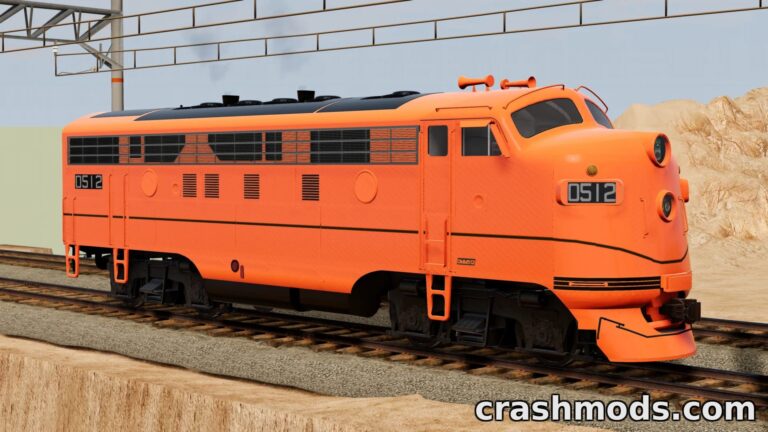 The DMM-512 Diesel Locomotive showcases a vibrant orange design, ready for high-speed action on the tracks in BeamNG.drive.
