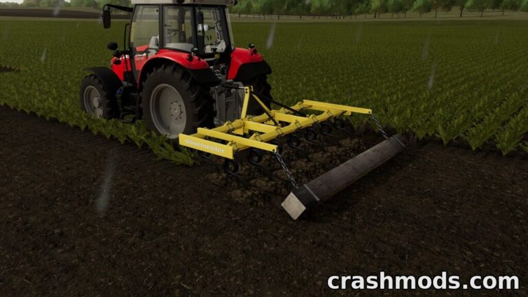 A red tractor uses the Dosemenler 3.5m cultivator to till a field, showcasing vibrant color options in Farming Simulator 22.