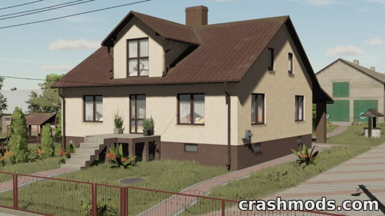 A charming farmhouse with a modern design, featuring a sleep spot and lush landscaping for Farming Simulator 22.
