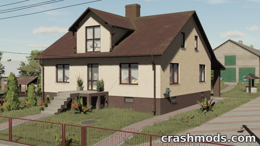 A charming farmhouse with a modern design, featuring a sleep spot and lush landscaping for Farming Simulator 22.