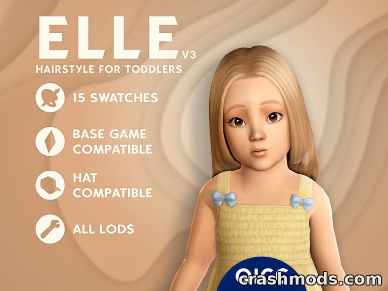 Toddler sim showcasing the "Elle Hair" mod for The Sims 4, featuring 15 color swatches and compatibility details.