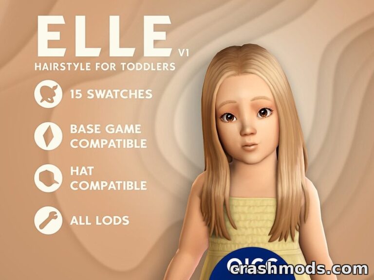 Toddler with the "Elle Hair v1" mod in The Sims 4, showcasing a long hairstyle with 15 color options.