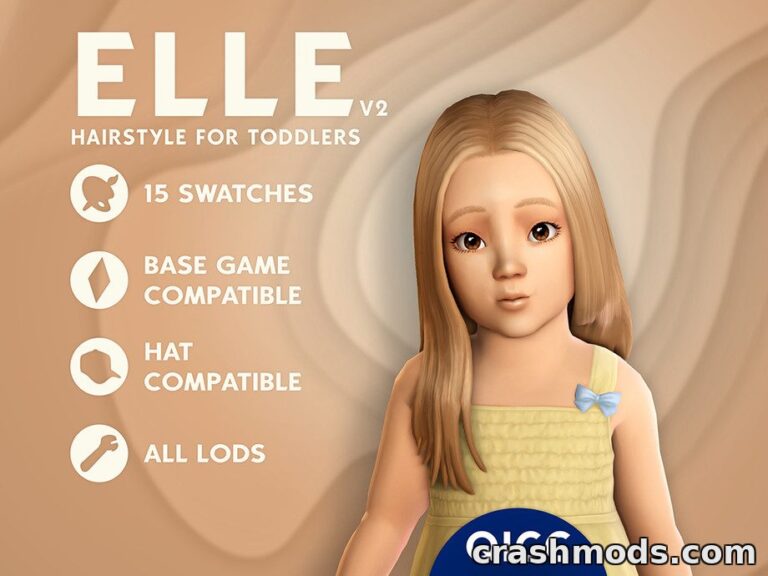 Toddler with "Elle Hair v2" mod in The Sims 4, showcasing 15 color options and compatibility features.