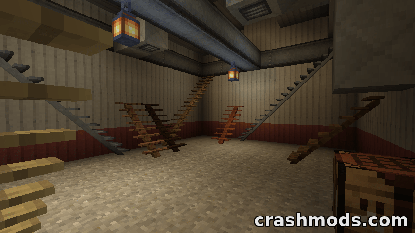 A cozy interior featuring decorative wooden ladders and lanterns, enhancing the ambiance in a Minecraft space.