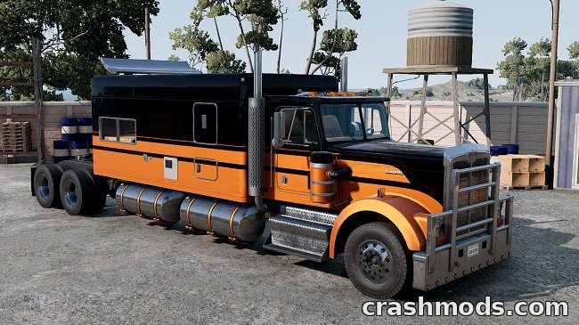 The modded T-Series truck features a sleek black and orange design, equipped with a kitchen and shower in the cab.