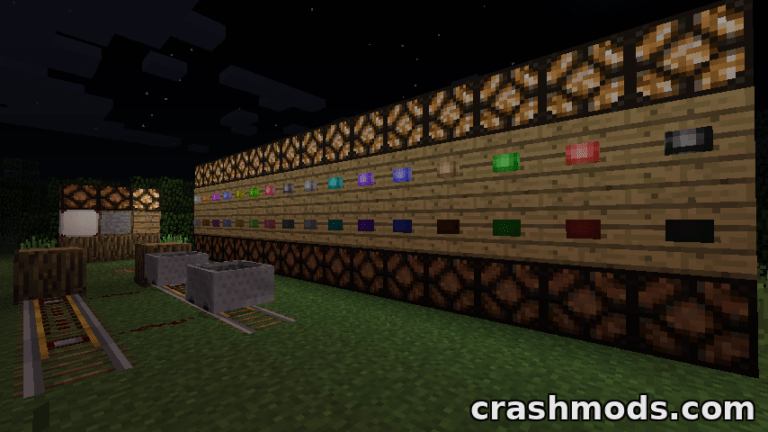 Illuminated panel buttons and detector tracks showcase vibrant colors in a Minecraft mod setup at night.