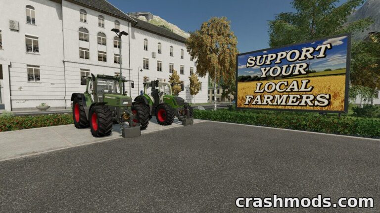 Fendt tractors equipped with 870kg front weights are parked near a sign promoting local farmers in Farming Simulator 22.