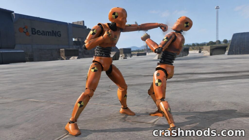 Two crash test dummies engage in a fight, showcasing soft-body physics in the BeamNG.drive mod.