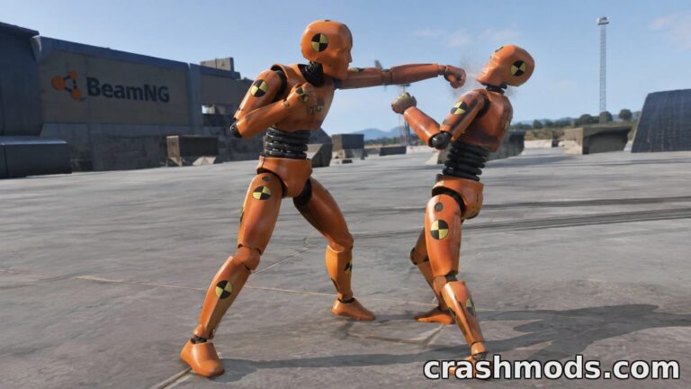 Two crash test dummies engage in a fight, showcasing soft-body physics in the BeamNG.drive mod.