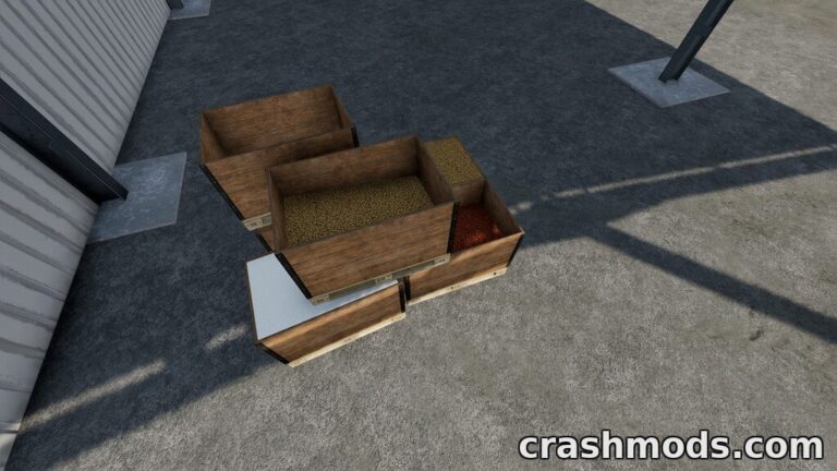 Wooden pallets filled with various bulk materials, showcasing the "Fillable Pallet" mod for Farming Simulator 22.