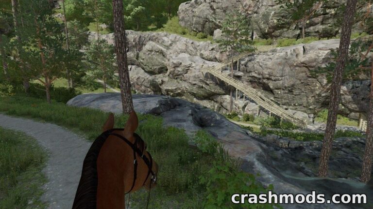 First-person view of a horse rider navigating a scenic trail with rocky terrain and wooden bridge in Farming Simulator 22.
