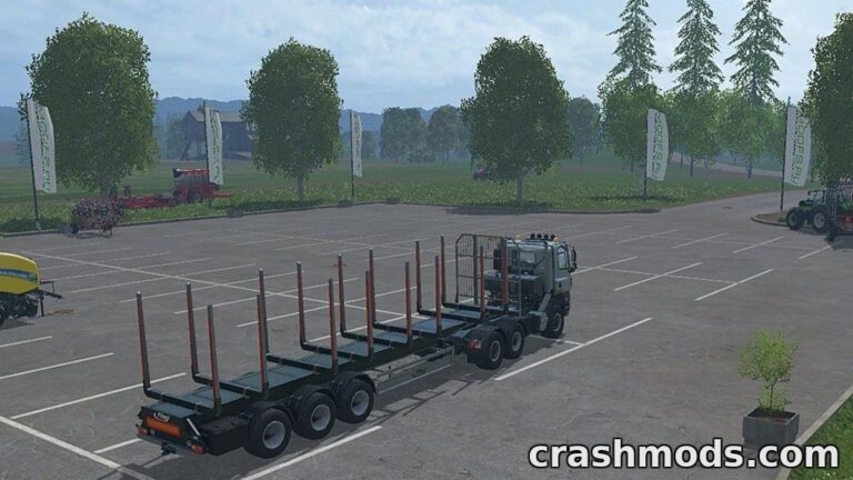 The Fliegl Timber Runner AL trailer is parked in a farming area, ready for timber loading in Farming Simulator 15.
