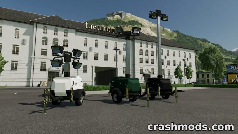 Flood light trailers in Farming Simulator 22, showcasing mobile night lighting options in a scenic environment.