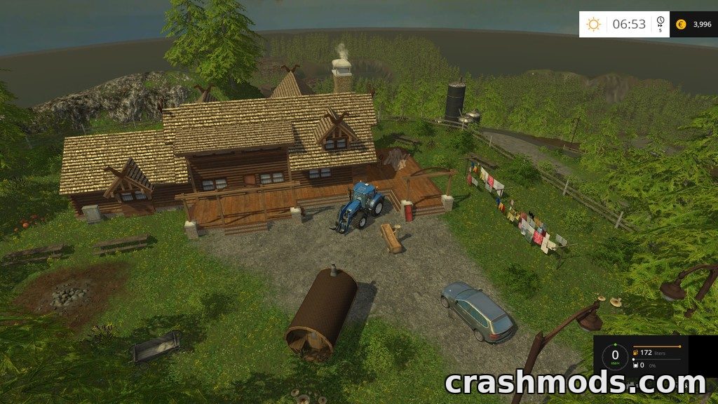 A detailed forestry map featuring a rustic cabin, tractor, and laundry line in a lush forest setting for Farming Simulator 15.