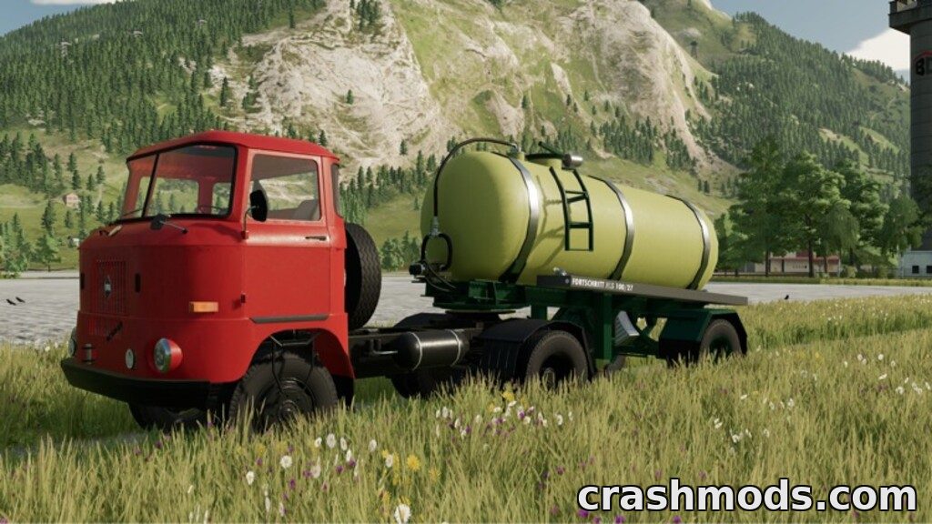 Red HLS 130.11 semitrailer truck with a green slurry tank parked in a scenic farming landscape in Farming Simulator 22.