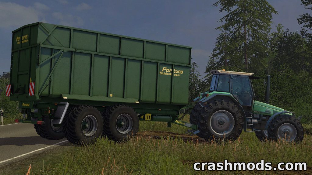 Fortuna FTM 200/6.0 tipper trailer attached to a tractor, ready for transporting silage and grain in Farming Simulator 15.