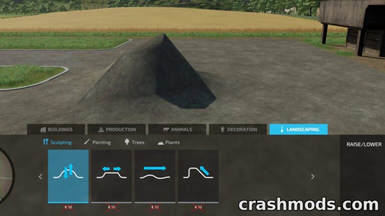 A screenshot showcasing the "Free Landscaping Tools" mod in Farming Simulator 22, featuring sculpting options for terrain.