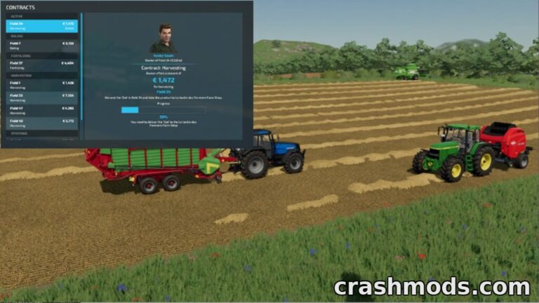 Tractors and equipment in Farming Simulator 22 collect straw during a harvesting contract, showcasing mod features.