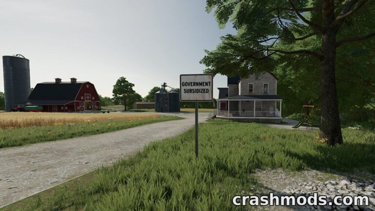 A sign reading "Government Subsidized" stands at the entrance of a farm in Farming Simulator 22, surrounded by fields.